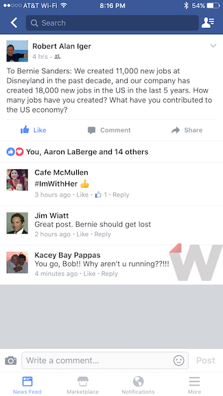 Bob Iger Bernie Sanders Comment Response